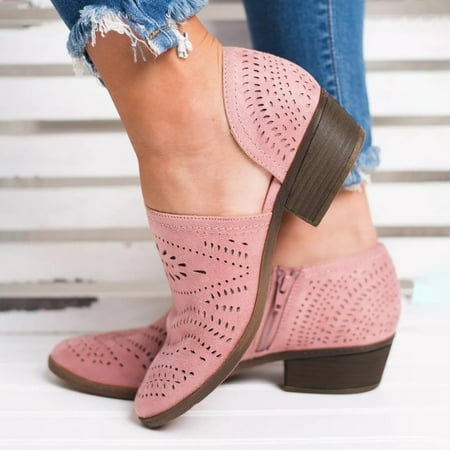 Women Shoes Women Single Casual Shoes Hollow-out Low Heel Cutout Booties Zipper Ankle Boots Pink 7.5