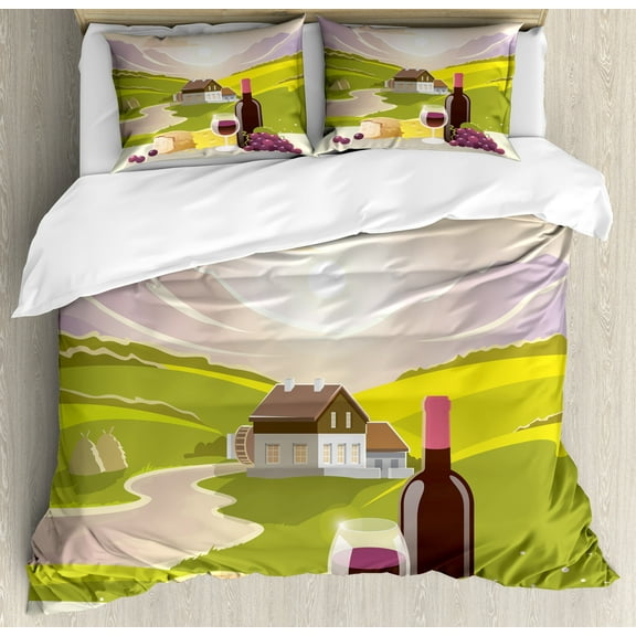Winery Duvet Cover Set, Wine Cheese Bread with Mountain Landscape in French Rurals Pastoral Scenery, Decorative 3 Piece Bedding Set with 2 Pillow Shams, Calking Size, Green Purple Cream, by Ambesonne