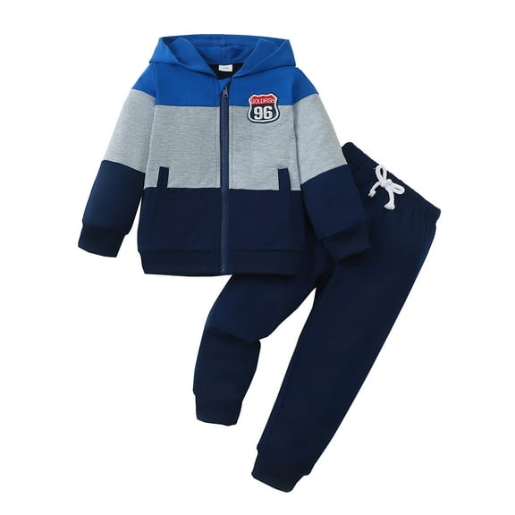 5T Baby Boys Clothes 6Y Boys 2PCS Hoodie Outfits Set Color-Blocked Little Boys Long Sleeve Top Pants Set Blue