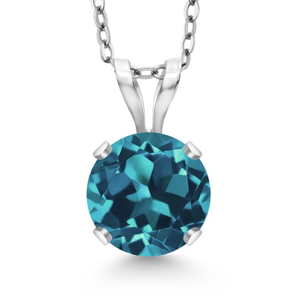 Gem Stone King 14K White Gold London Blue Topaz Pendant Necklace for Women | 1.10 Cttw | Gemstone November Birthstone | Round 6MM | With 18 inch Silver Chain