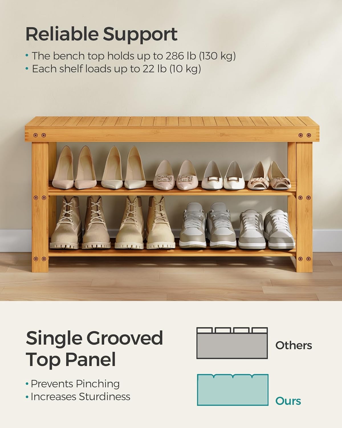 3-Tier Shoe Rack Bench, Hallway Bamboo Organizer, Home Storage Shelf with Holds 286 lb, Natural