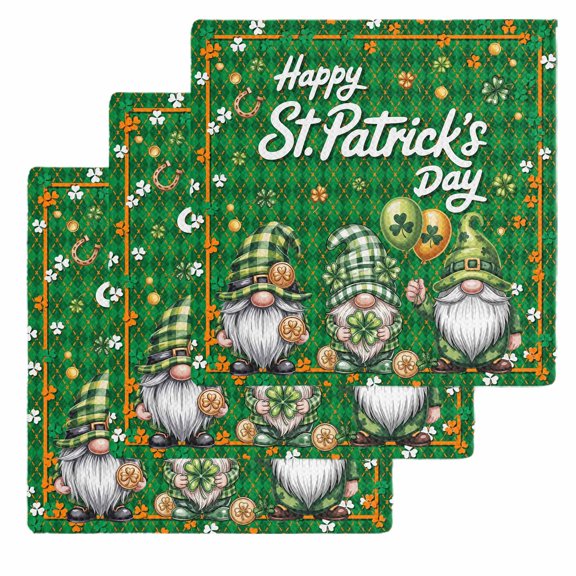 St Patrick's Day Kitchen Dish Towels for Drying Dishes Set of 3, Lucky Gnomes Shamrock Balloon Green Plaid Waffle Weave Microfiber Hand Tea Bathroom Towels Quick Dry & Absorbent Towel 12x12
