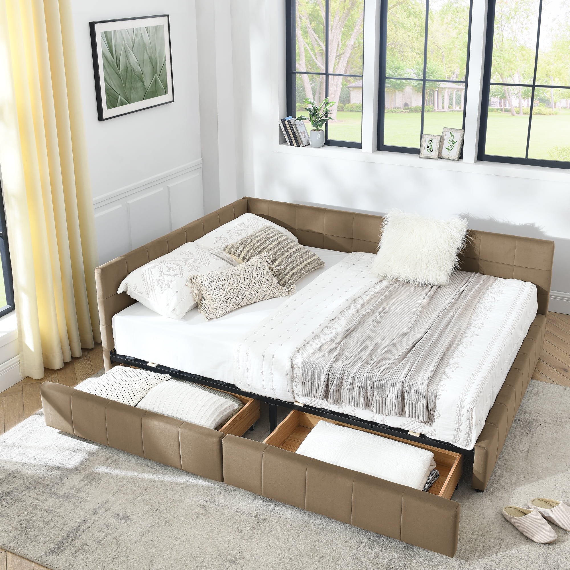 Queen Size Storage Upholstered Tufted Bed Frame, Sofa Bed Frame with Comfortable Backrest and Armrests, Queen Size Bed for Bedroom, Living Room,Velvet, BROWN(85.5''*64.5''*29.5'')