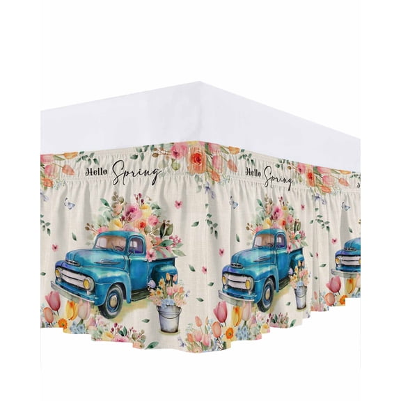 Easter Truck Bed Skirt King Size 16 Inch Drop, Spring Pink Yellow Blue Floral Leaf Linen Texture Adjustable Elastic Dust Ruffles Bedskirt for King Bed Wrap Around Pleated Mattress Frame Cover