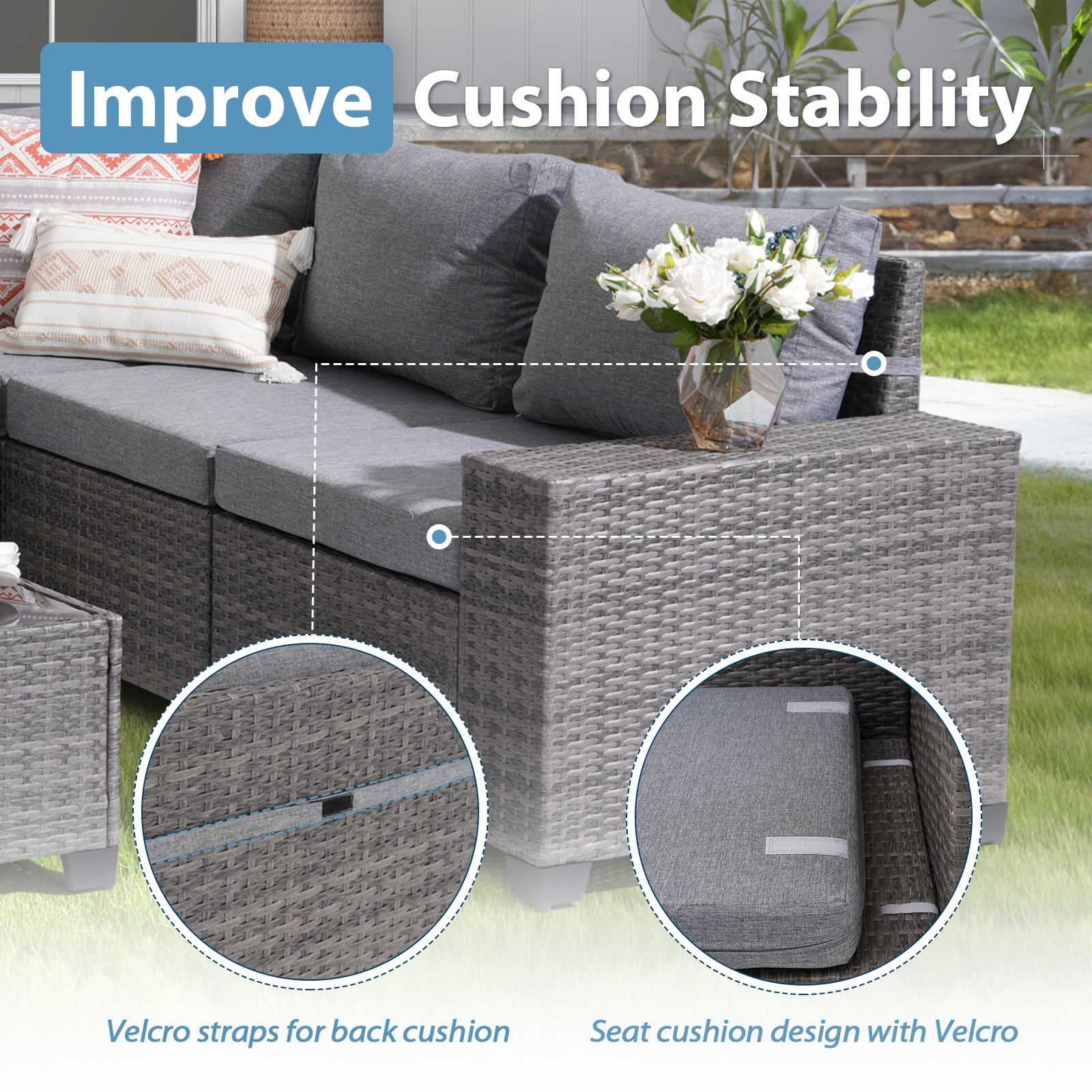JOIVI 6-Piece Patio Furniture Set, Rattan Outdoor Conversation Set with Coffee Table, Wicker Sectional Sofa Set with Wide Armrest for Yard, Background, Gray