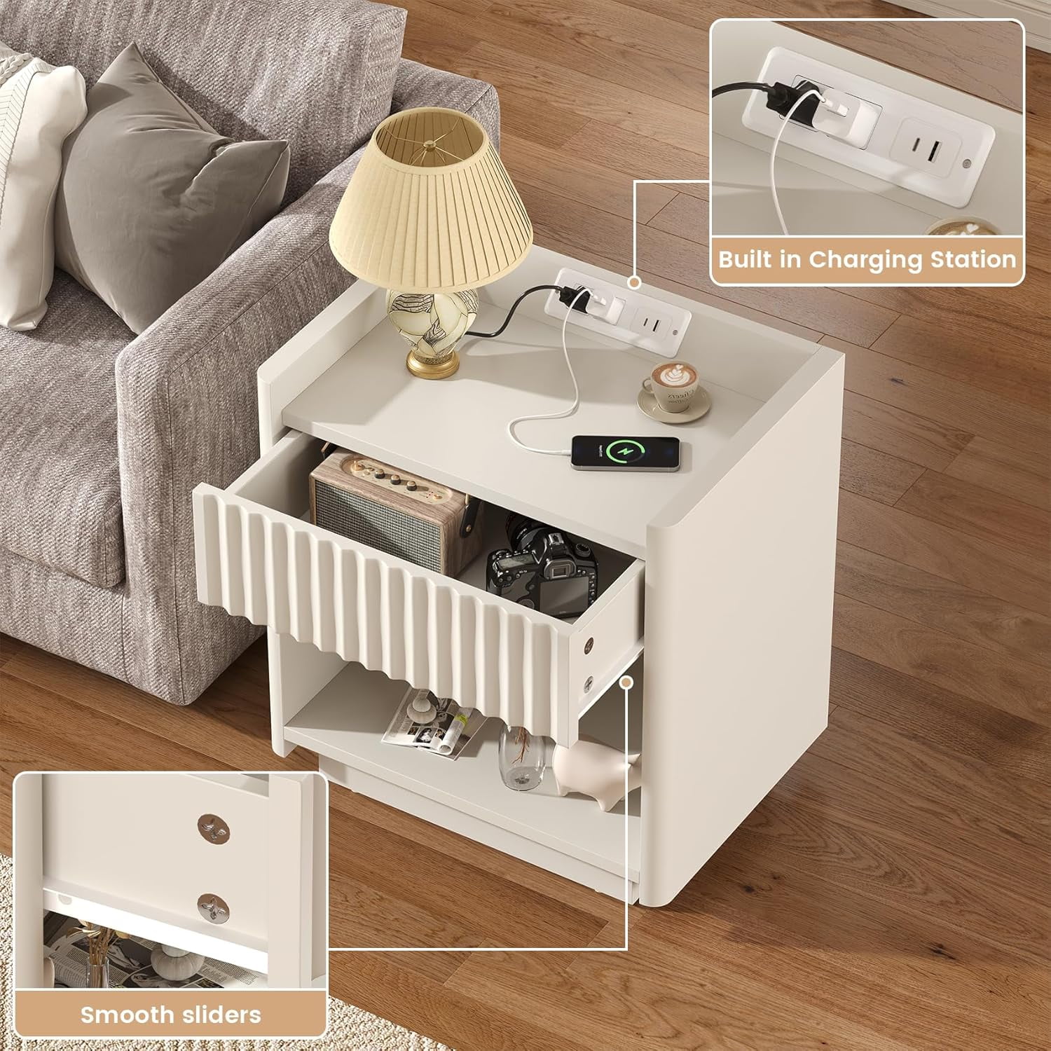 Winkalon Fluted Nightstands for Bedroom, Farmhouse Bedside Tables with Drawer & Open Shelf, Wood End Table for Living Room,White