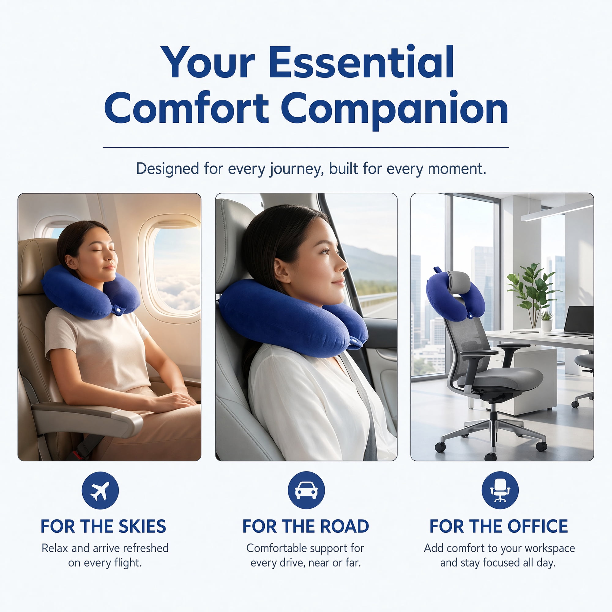 Unique Bargains Memory Foam Travel U Shape Neck Pillow Snap Closure Dark blue 12"x12"x4"