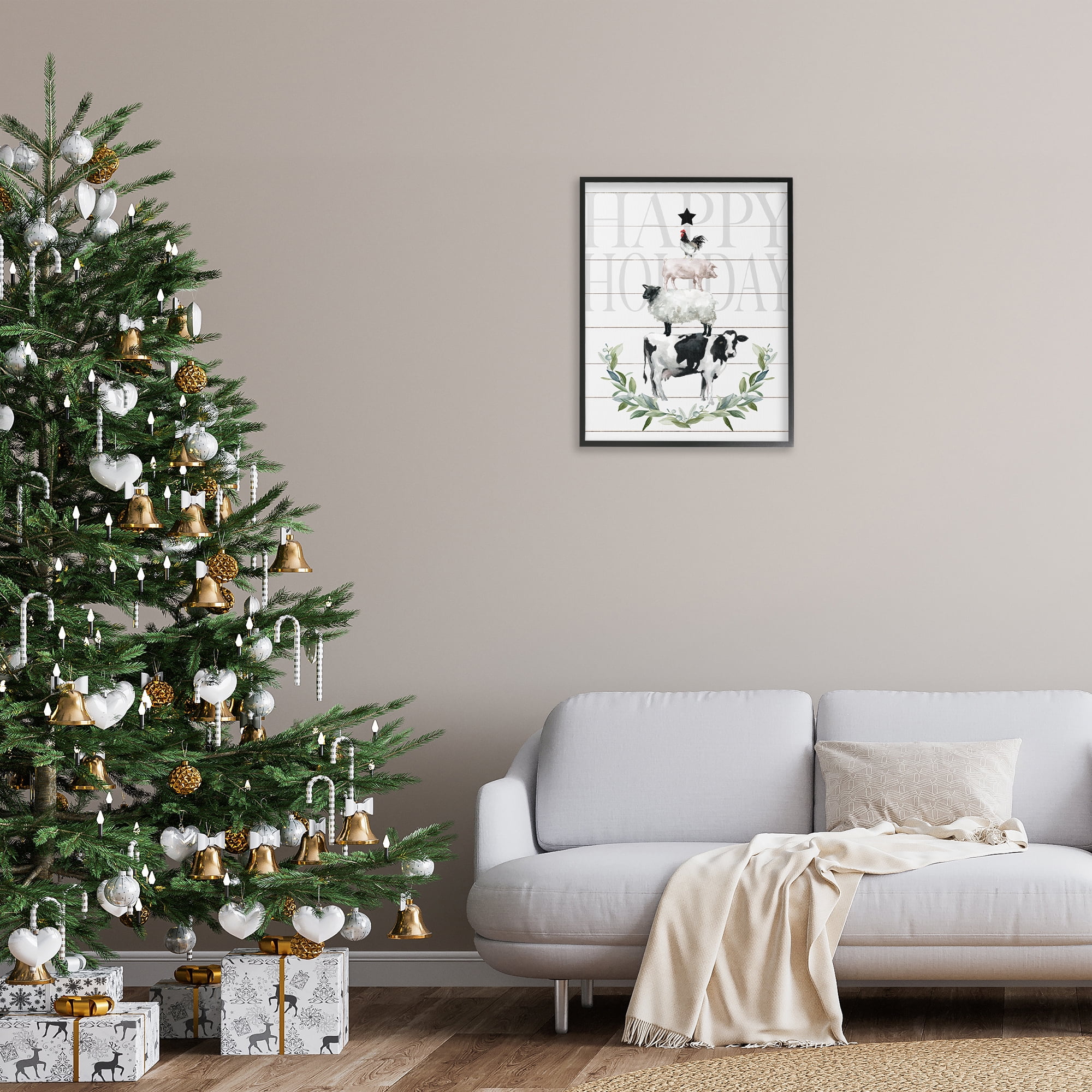 Stupell Industries Happy Holiday Farm Animals Holiday Painting Black Framed Art Prints Wall Art, 24 x 30