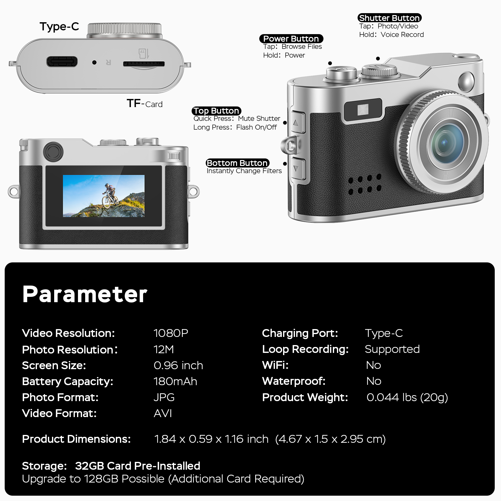 Mini Digital Camera,0.96" Small Keychain Camera,1080P Tiny Camera with 32GB Card, Fill-in light,Landyard,USB Cable for Travel, Concert, Study Recording, Gift for Kids Black