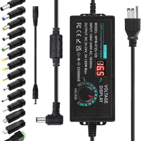 Adjustable Power Supply Adapter, 3V-24V 5A 120W Universal Power, Variable Switching AC/DC Adapter, 100V-240V AC to DC Converter with 14 Tips & LED Voltage Display for 3V to 24V Household Electronics