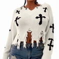 thumbnail image 2 of Women'S Ripped Knitted Cropped Sweater for Party Clubwear with Long Sleeves White 2 One Size, 2 of 8