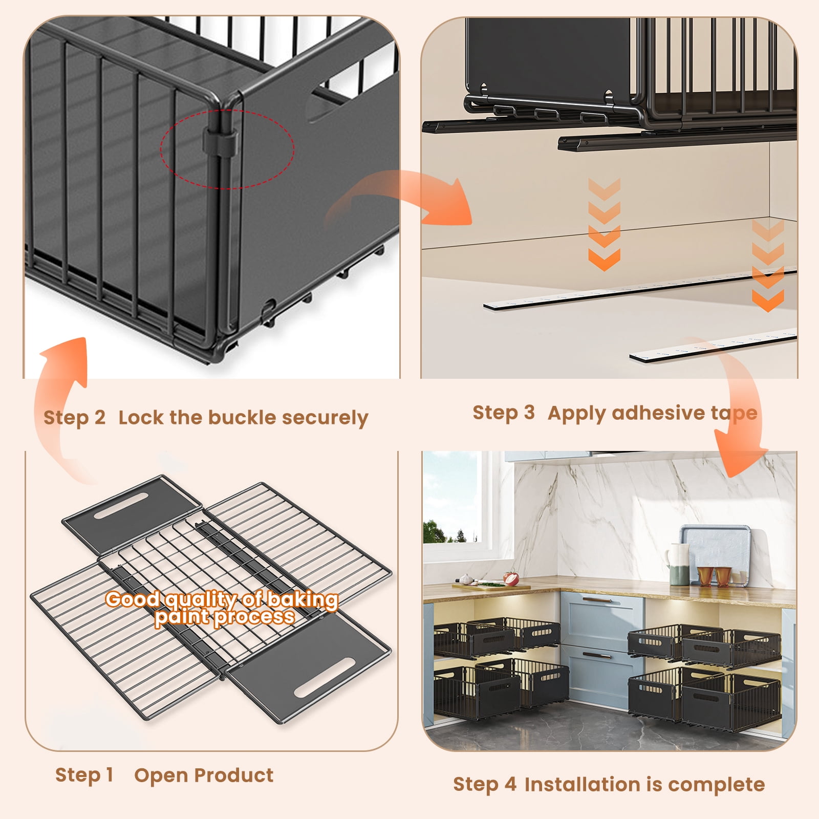 2 Pack Pull Out Cabinet Organizer,Under Sink Organizer,Slide Out Drawers for Cabinets, Peel and Stick, Heavy Duty Shelves for Kitchen, Cupboard, Pantry, Bathroom (14.76" D*9.65" W*7.48" H-Black)