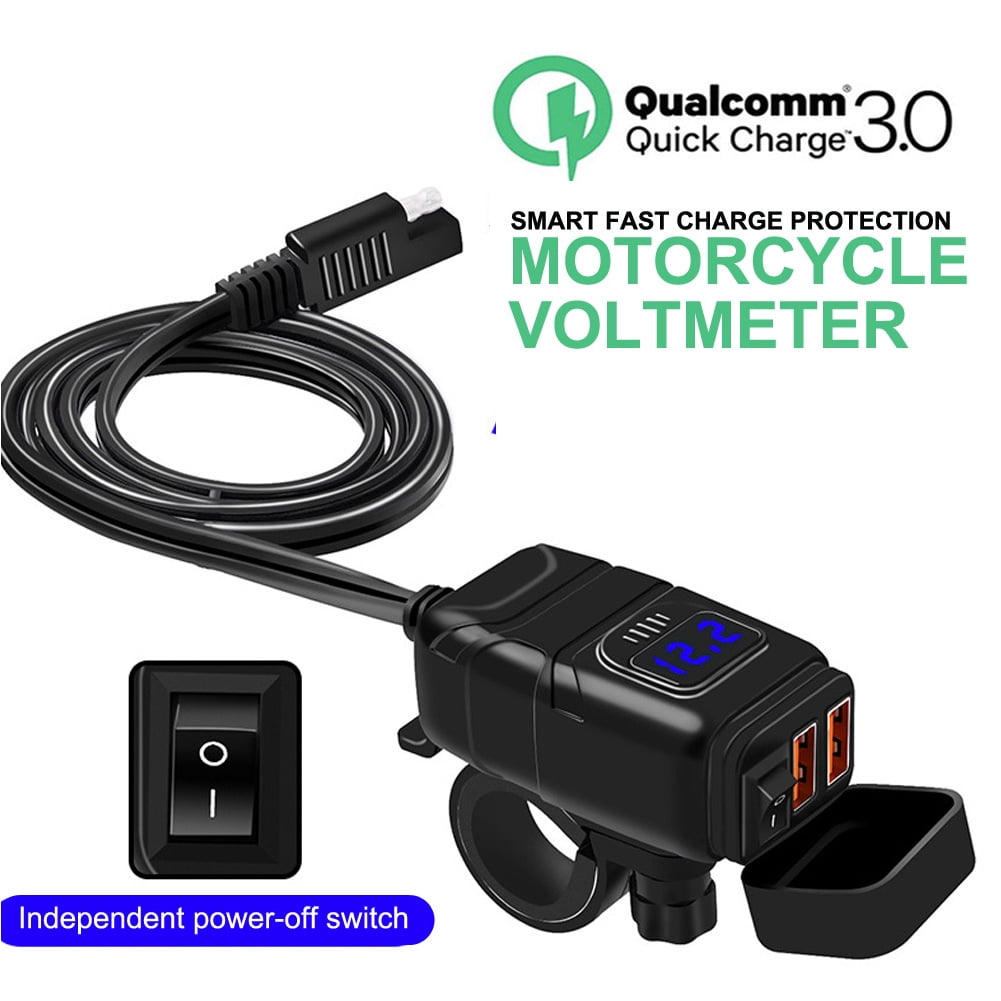 Motorcycle Vehicle-mounted Charger Waterproof USB Adapter 12V Phone Dual Quick Charge 3.0 Voltmeter ON OFF Switch