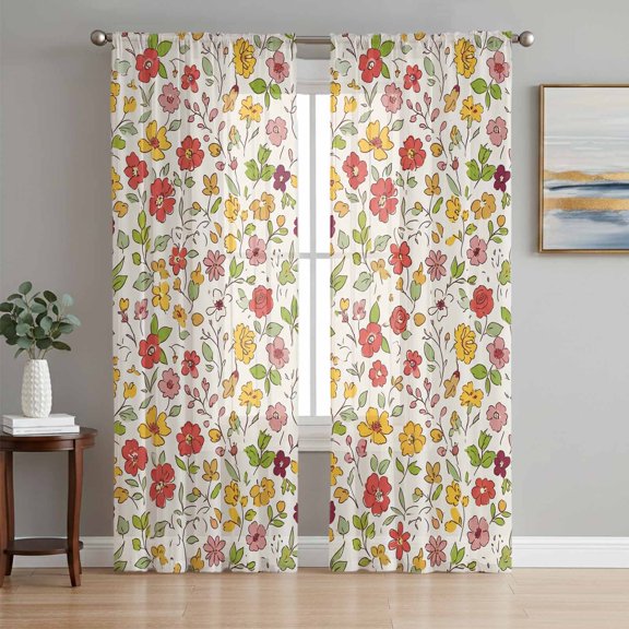 Wildflowers Blossom Rustic Sheer Curtains 84 Inch Length 2 Panels Set, Farmmhouse Botanical Floral Voile Window Treatment Rod Pocket Curtains Sheers Drapes for Bedroom/Living Room/Kitchen 52"x84"x2