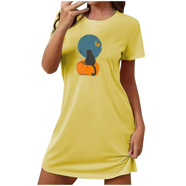 Sakmal Robe de Nuit Respirante Moomoo pour Femmes Grande Taille Halloween Ultra Douce Jaune Tenue de Détente Manches Courtes Col Rond Imprimé Chat Noir Courtes Robes de Nuit P-2TG