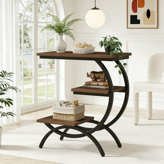 Fnova 3-Tier C-Shaped End Table, Modern Industrial Wooden Side Table with Metal Frame, for Living Room, Bedroom, Entryway
