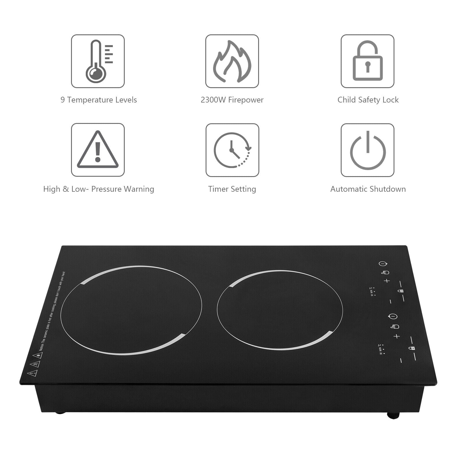 Miumaeov Double Induction Cooktop Cooker with 2 Burner Independent Control Ultrathin Body 9 Temperature 1200W+1100W Black Crystal Panel Induction Cooker with Timer Safety Lock