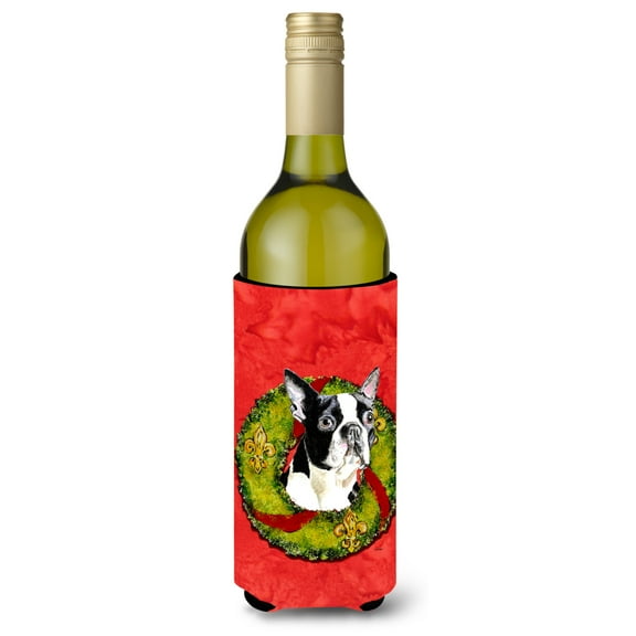 Boston Terrier Christmas Wreath Wine Bottle Hugger
