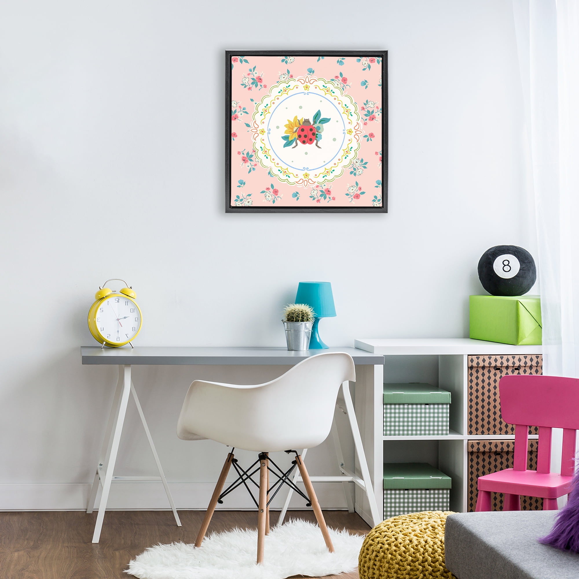 Spring Lady Bug Lace Pattern Black Framed Floater Canvas Wall Art, design by Angela Steahling