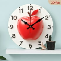 2D Flat 1pc 10Inch Wooden Red Apple Wall Clock - Silent Non-Ticking Round Clock with Golden Hands, Battery Operated (AA Not Included) - Modern Home Decor for Living Room, Kitchen, Office