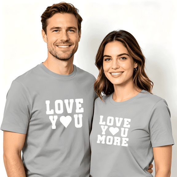 Couple Matching Cotton T-Shirt Set "Love You Love You More" Grey Crewneck Tees Men-S