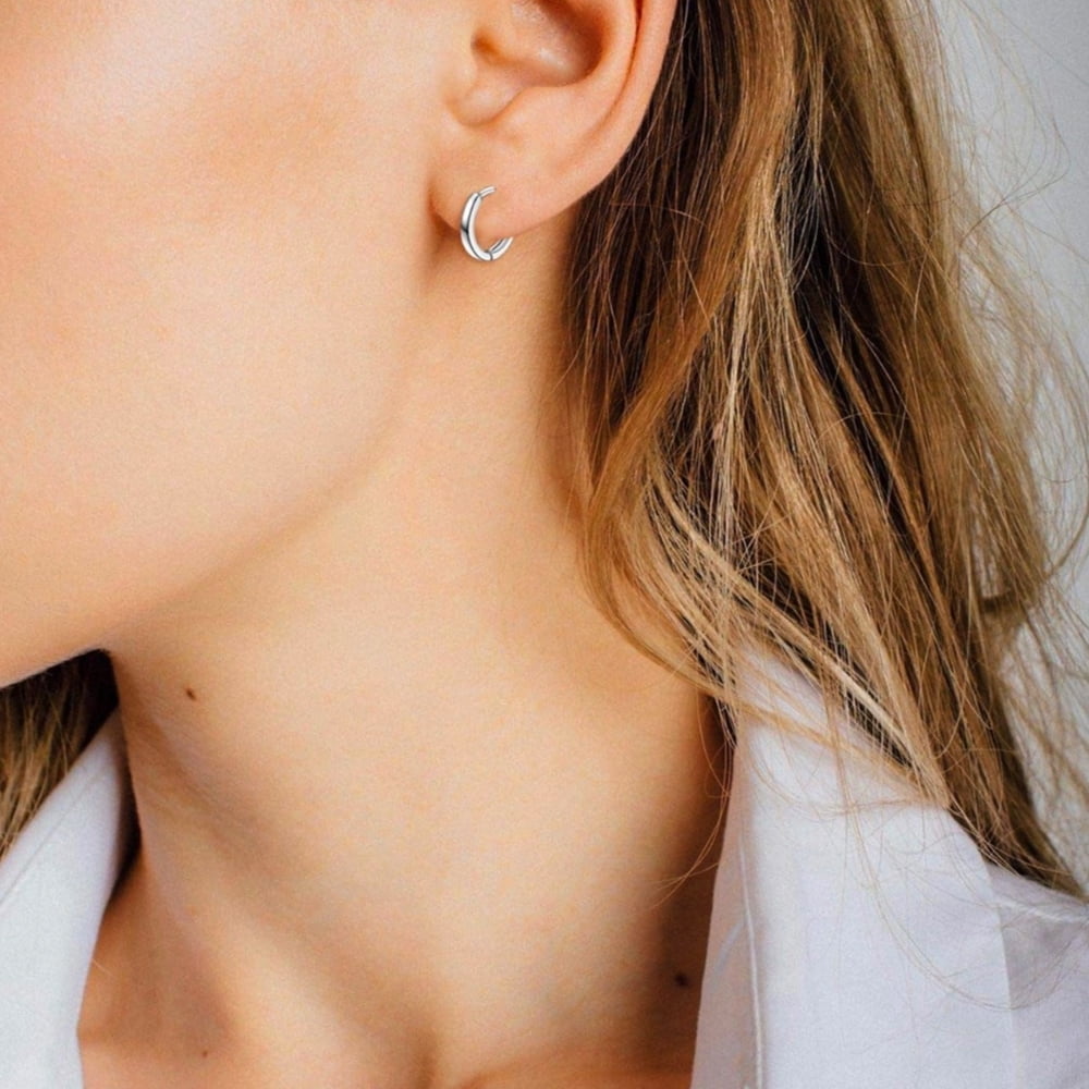 Solid White Gold Plated 925 Sterling Silver Post Small Hoop Earrings Men Women Huggie Hoop Earrings