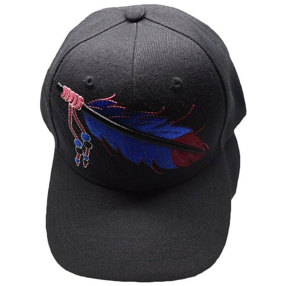 Native Pride Blue Red Feather Shadow Black Embroidered Cap Hat