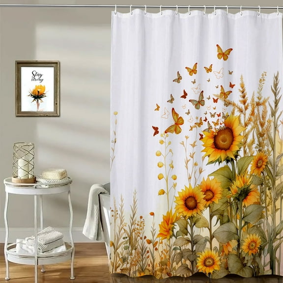 KOCTHOMY Sunflower Butterfly Shower Curtain Set, 72” x 72” Rustic Floral Warm Cute Style