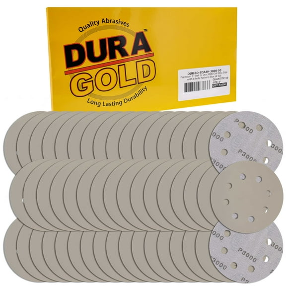 Dura-Gold Premium 5" 8-Hole Wet or Dry Sanding Discs - 3000 Grit, Box of 50 - High-Performance Sandpaper Discs with Hook & Loop Backing, Fast Cutting Silicon Carbide, Color Sanding, Auto Polishing