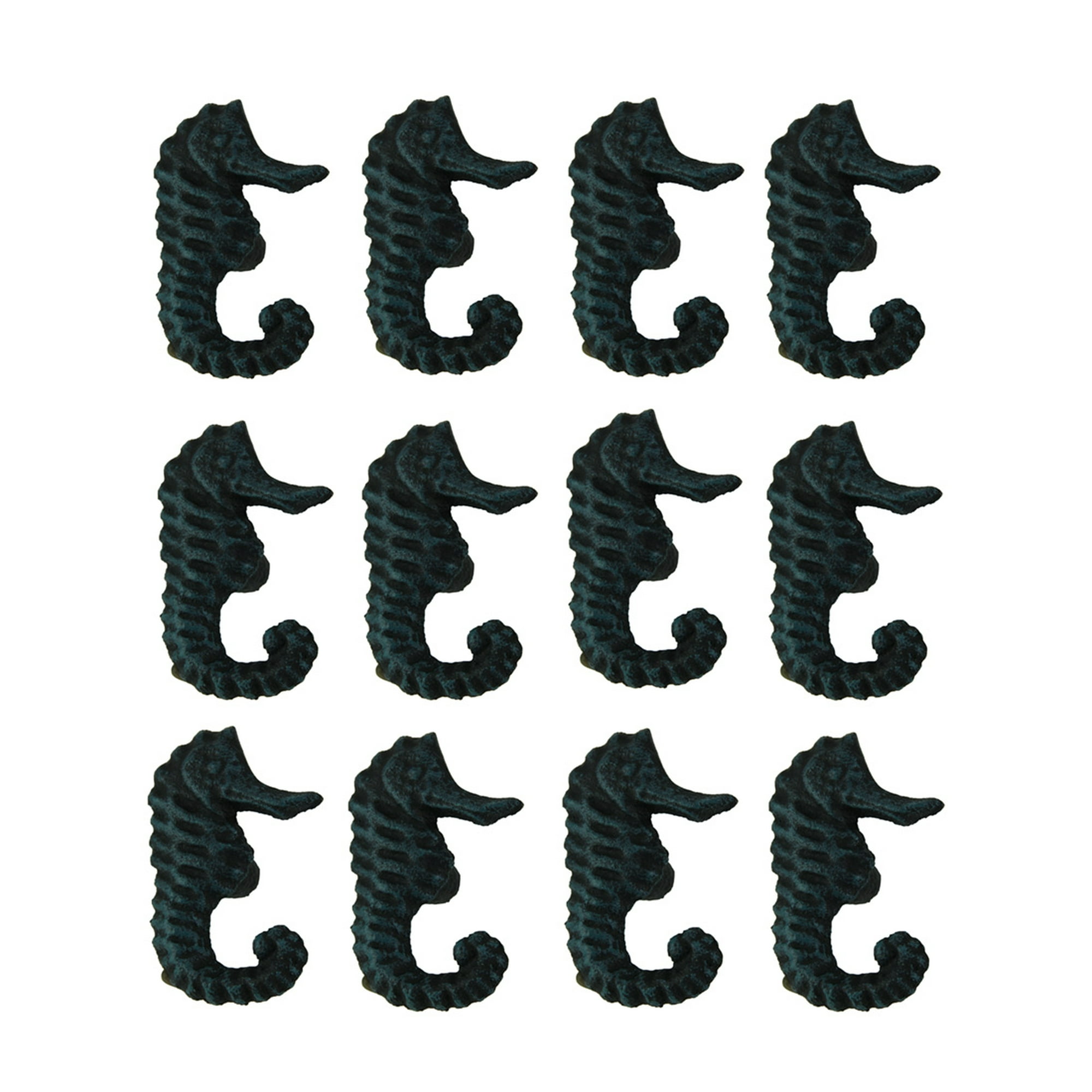 Set Of 12 Distressed Verdigris Finish Cast Iron Seahorse Drawer Pulls