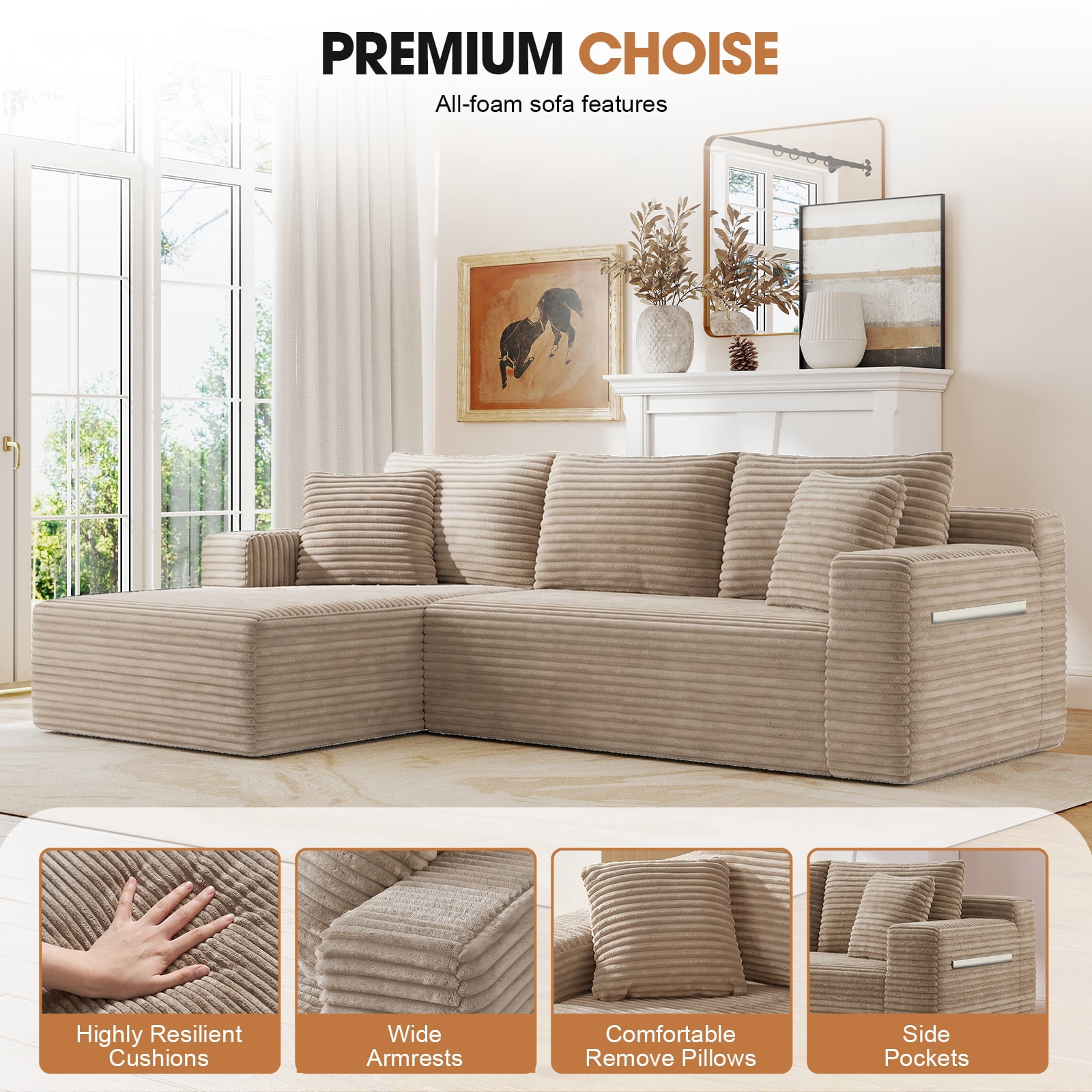 Aukfa 95" Cloud Sectional Couch, Modular L Shaped Boneless Sofa with Left Facing Chaise&2 Storage Pockets, Camel