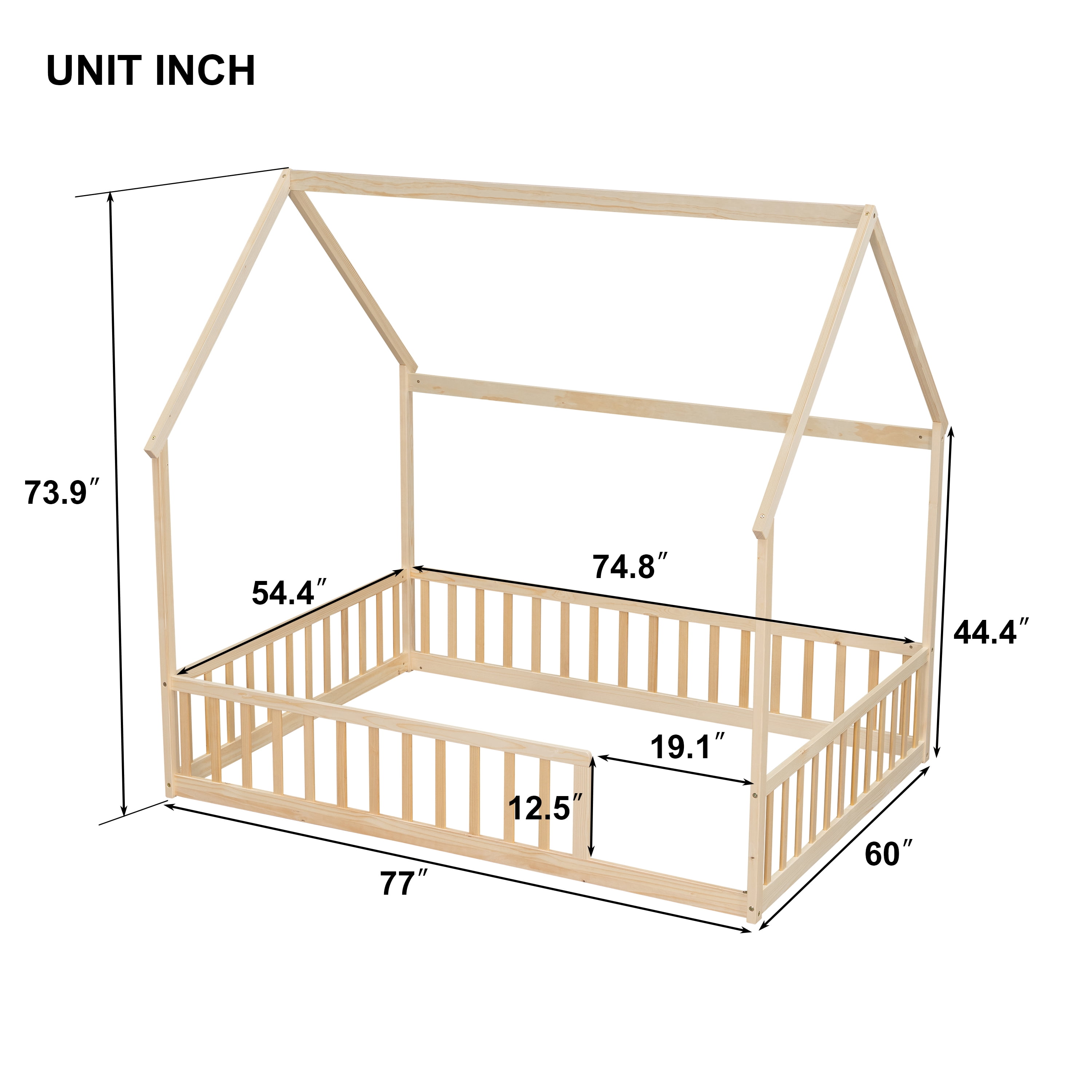 Full Size House Floor Bed with Full Surround Safety Fence, Solid Pine Wood Montessori Kids Playhouse Bed Frame Max 300 LBS No Box Spring Needed for Toddler Bedroom Nursery