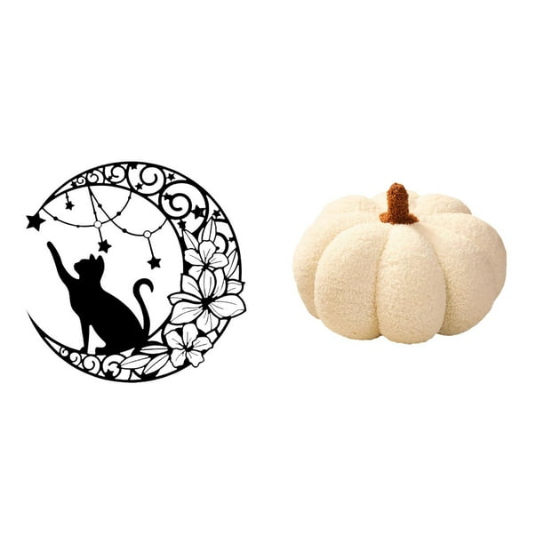 Escultura De Pared De Metal Con Diseño De Gato Negro Y Luna Y Almohada De Peluche De Calabaza De Halloween Para Amantes De Los Gatos, Decoración De Dormitorio Y Sofá, Regalos