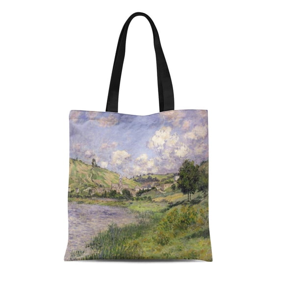 SIDONKU Canvas Tote Bag 1879 Claude Monet Landscape Paysage Val Doise Village Hill Reusable Handbag Shoulder Grocery Shopping Bags