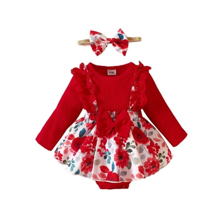 

jaweiwi Newborn Baby Girl Bodysuit Dresses 0 3M 6M 9M 12M Long Sleeve Crew Neck Flower Print Lace Patchwork Romper with Hairband Fall Clothes