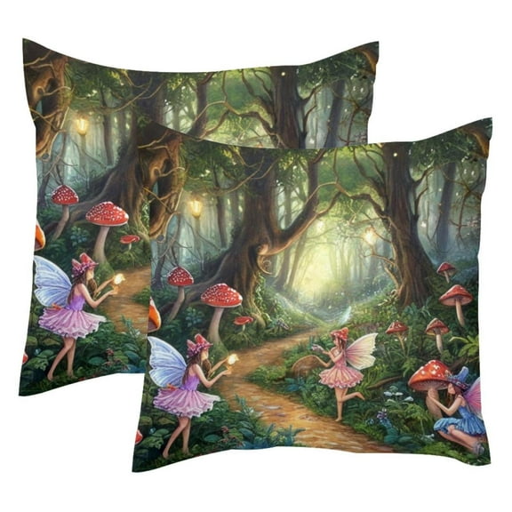 2 Pack Throw Pillow Covers Forest Fairy Mushroom Decorative Pillow Cases Home Decor Square 18x18 Inches Pillowcases