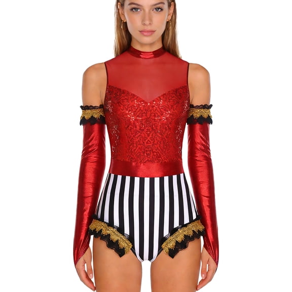 Eandarui Adult Women Circus Ringmaster Costume Magician Clowns Jumpsuit with Gloves Circus Trainer Costumes Red XXL