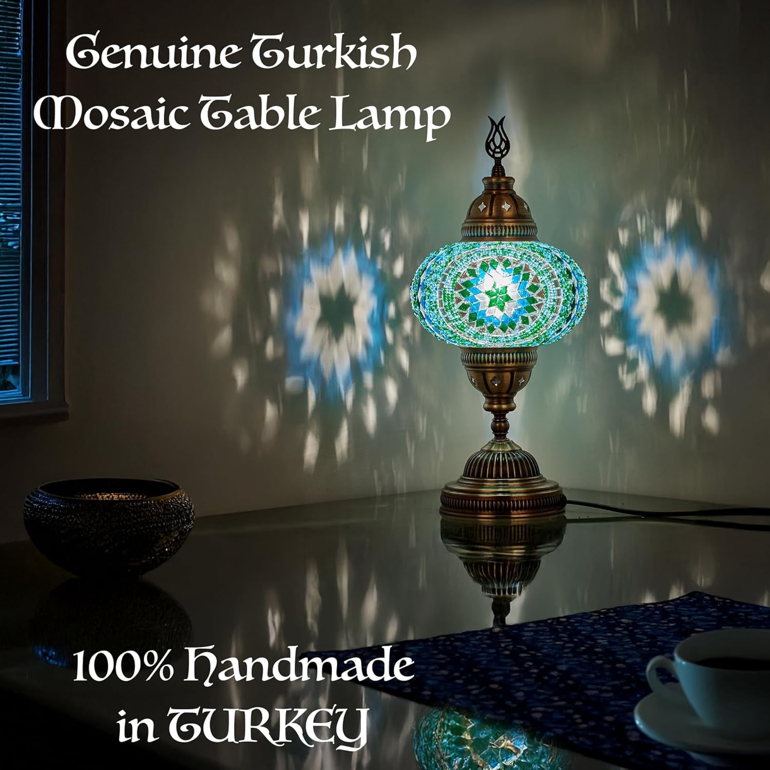 DEMMEX – 7" Large Globe Turkish Moroccan Mosaic Table Lamp, Handcrafted Tiffany-Style Colorful Glass Bedside Desk Table Light, Artisan Decor for Living Room Bedroom – 14" H (Turquoise)