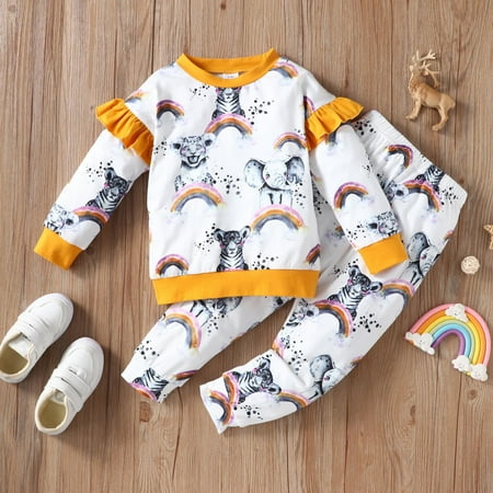 

Leutsin Autumn Newborn Girls Clothes Animal Rainbow Long Sleeve Tops Trousers Suit