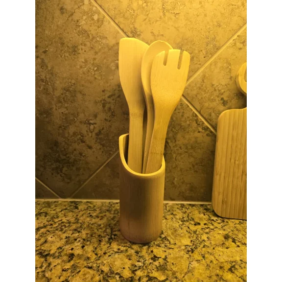 4-Piece Bamboo Wooden Kitchen Utensils & Holder Spatula Spoons Set Cooking Tools