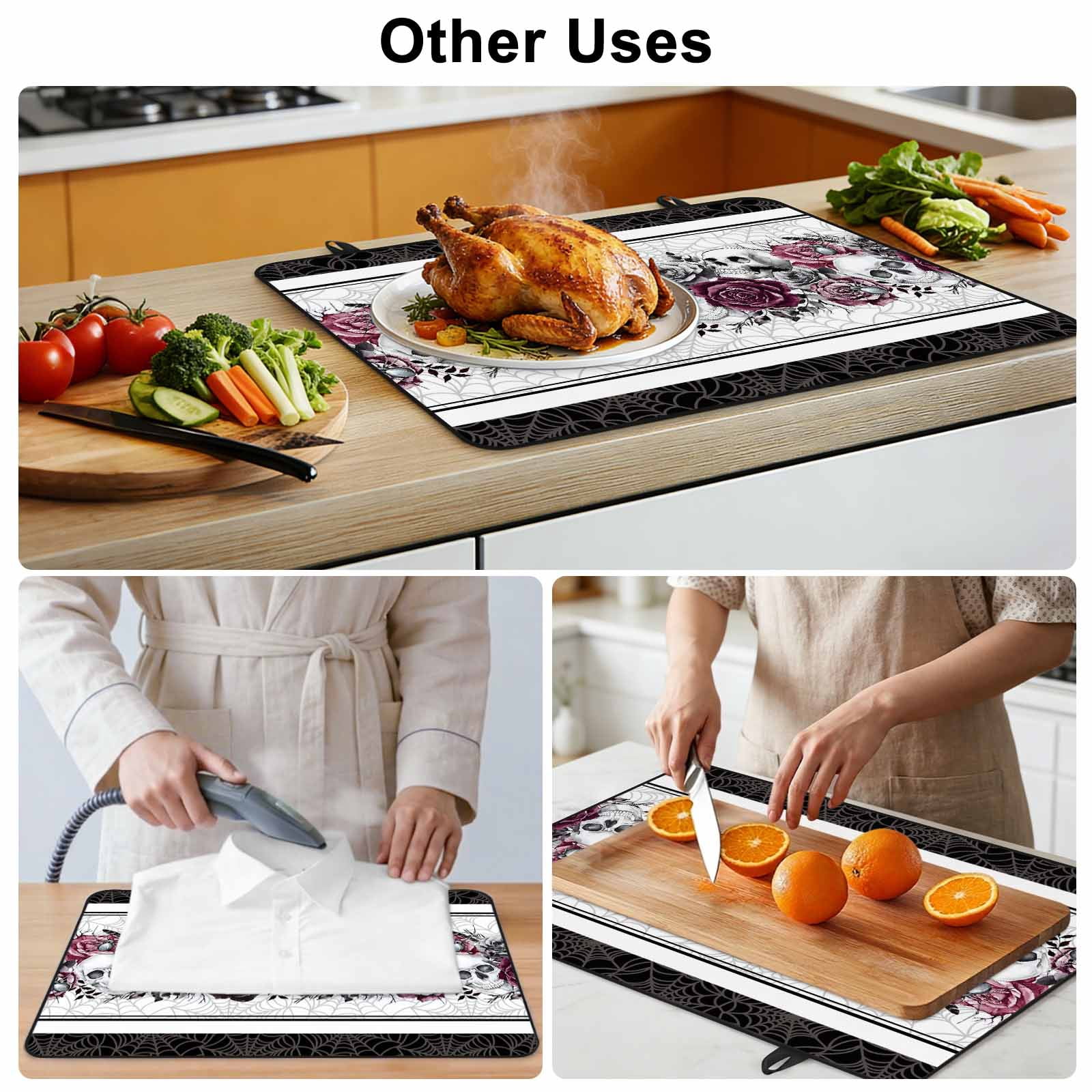 Halloween Stove Top Cover for Electric Stove, Heat-proof & Non Slip Glass Top Stove Cover Protector, Black Purple Skull Roses Horror Flower Kitchen Flat Cooktop Rubber Mat 24x21 Inches