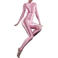 thumbnail image 3 of Zaldita Women's Shiny Spandex Unitard High Neck Long Sleeves Ankle Length Leotard Jumpsuit Pink One Size, 3 of 4