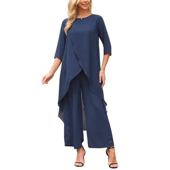 Women's 2 Piece Chiffon Sets Summer Dressy Pantsuits High Low Top Pants Set Formal Wedding Guest Outfit S Dark Blue