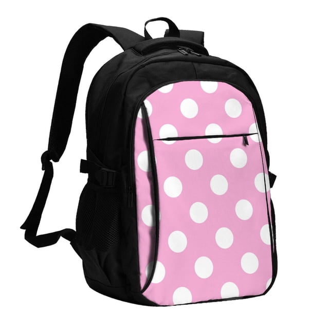 Disketp Pink And White Polka Dot Mochila de Viaje Estampada para Laptop con Puerto de Carga USB, Mochila Impermeable para Computadora – Regalo para Hombres y Mujeres