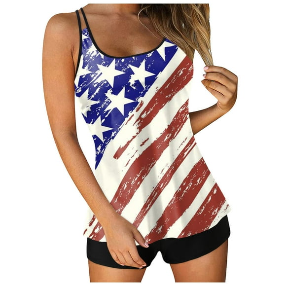 TSADFHJI Swimsuit Women Plus Size Tankini Swimsuits for Women Two Piece Bathing Suits 4Th of July Printed Long Torso Tank Tops with Boyshorts L White