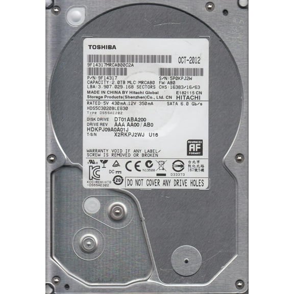HDS5C3020BLE630, PN 9F14317, MLC MRCAB0, Toshiba 2TB SATA 3.5 Hard Drive