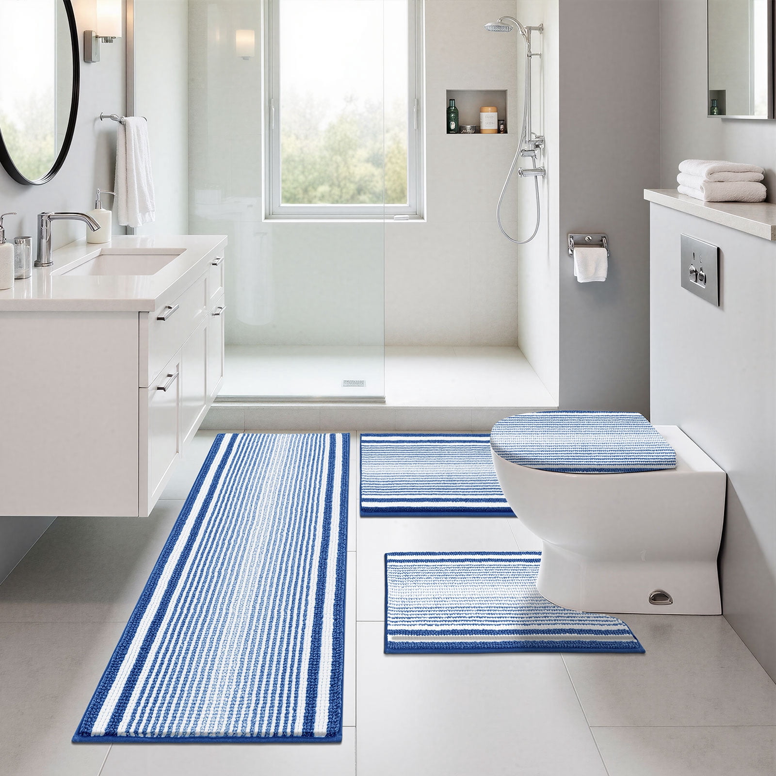 Ileading Chenille Bathroom Rugs Sets 4 Piece, Super Absorbent Non Slip Washable Bath Mat and U-Shaped Contour Toilet Rug Set for Tub Shower Floor Carpet