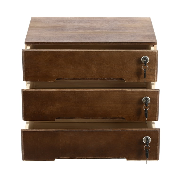 3 Tier Wooden Desktop Storage Box Lockable Drawers Office
