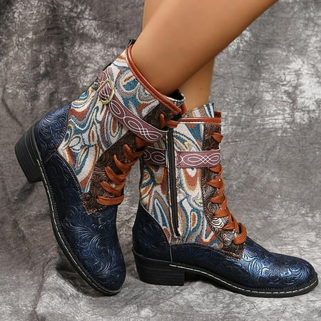 

NECHOLOGY Leather Lace up Boots for Women Booties Lace Up Women Middle Heels Printing Leather Boots for Women Lace up Blue 10