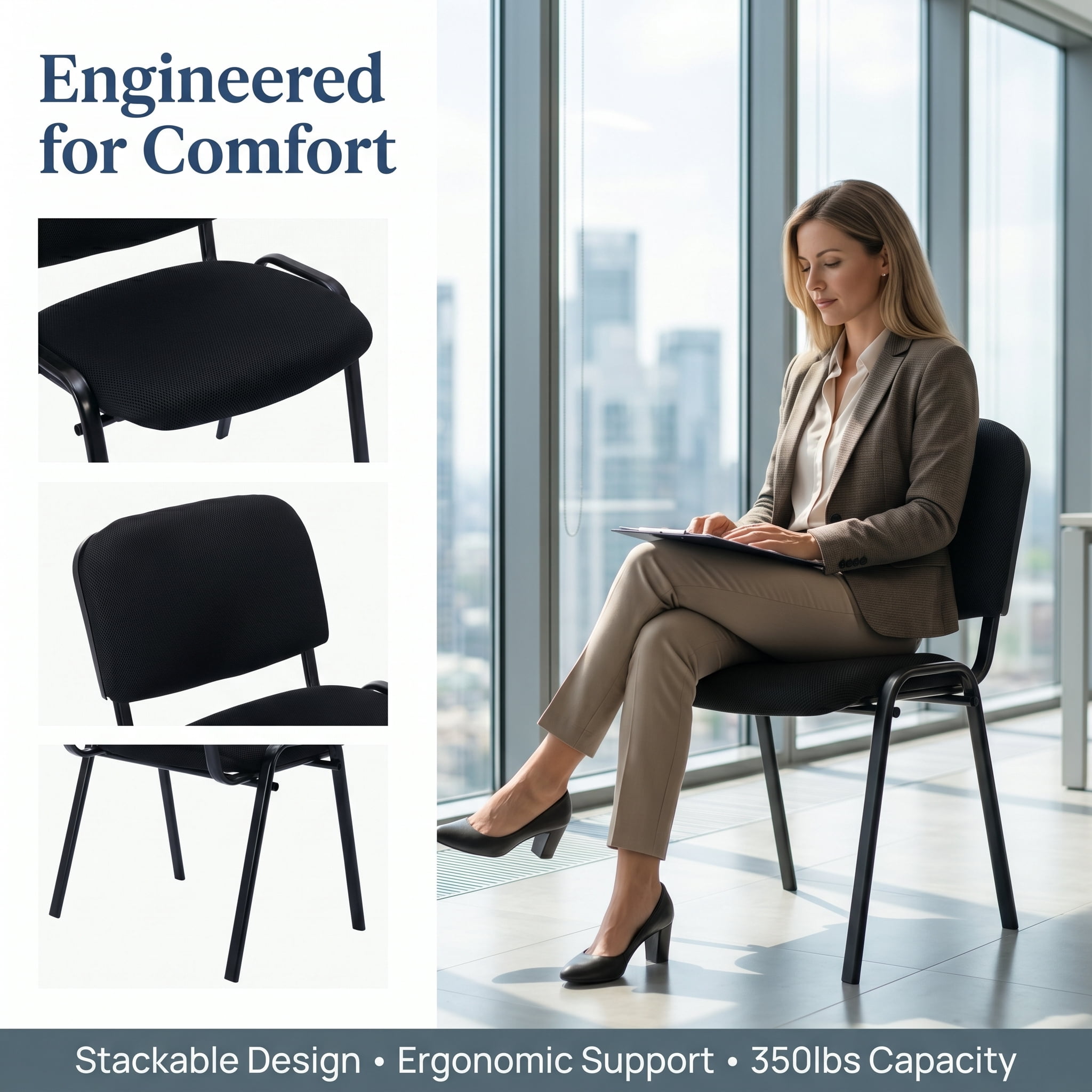 Guyou Black Stackable Conference Room Chairs Set of 5, Armless Mesh Reception Chair, Ergonomic Office Chair with Back, Visitor Chairs for Conference Room Training Room Waiting Room School